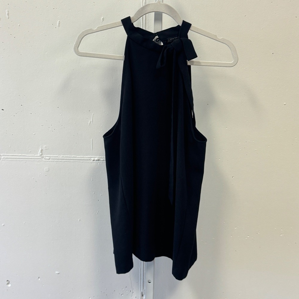 Ann Taylor Black Halter Tie Neck Bow Blouse Sleeveless Top Large Casual Career
